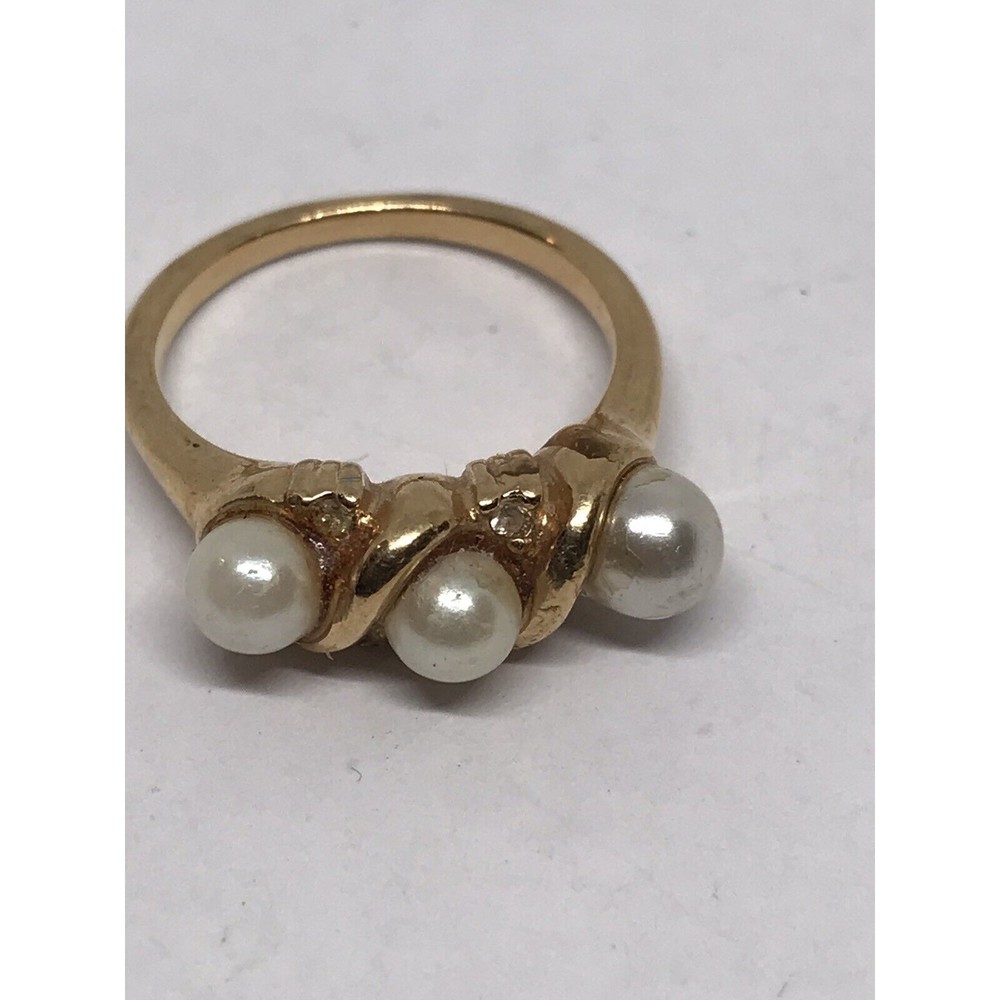 Vintage Signed  S Gold Tone Three Faux Pearl Clear Rhinestone Ring Size 7.25